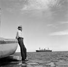 Man Stands At High Tide And Watches Ship In 1946 Kingston Jamaica OLD PHOTO