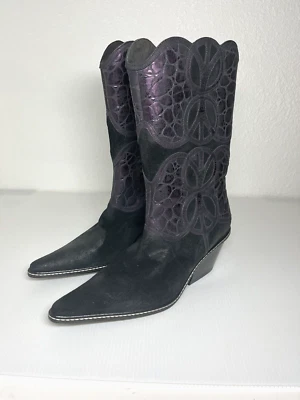NEW Vintage DONALD J PLINER 8M Leather/Suede Peace Sign Purple/Blk Cowboy Boots - Image 1 of 4