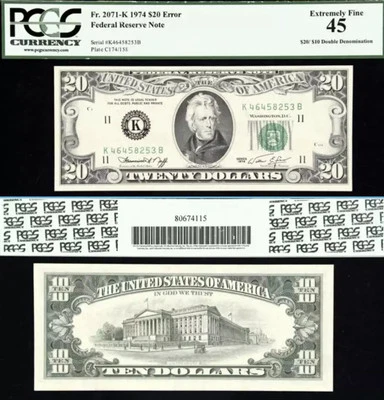 $20 / $10 Error de Doble Denominación DOBLE DENOMINACIÓN Rey de los Errores PCGS EF 45 Foto 1 de 3