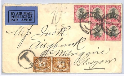 SUDÁFRICA Cubierta mal pagada GB CUOTAS DE FRANQUEO Glasgow Pretoria 5d Par 1934 XK45 Foto 1 de 4