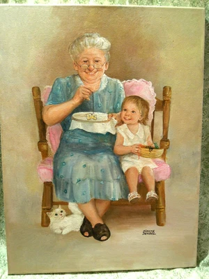 Den-702 Dianne Dengel ÚNICA EN SU CLASE "APRENDIENDO DE LA ABUELA" pintura al óleo 18"X24" Foto 1 de 4