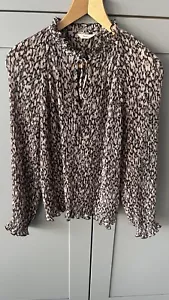Hush Blouse Shirt Size UK10 Top Textured Long Sleeves Brown & Pink Spots Pleated - Picture 1 of 10