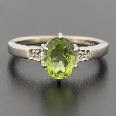 9ct White Gold Peridot & Diamond Solitaire Ring Size N Hallmarked - Image 1 of 4