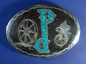 Hebilla de cinturón occidental turquesa superpuesta plateada vintage de segunda mano firmada - Imagen 1 de 3