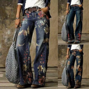Women Ladies Floral Denim Jeans High-Waist Bell-bottom Wide Leg Street Pants... - Picture 1 of 15