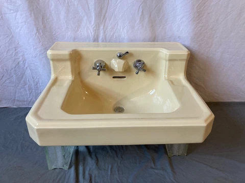 Antique Ceramic Pale Buttercream Porcelain Sink Vtg Standard As Is Prop 233-22E Cover