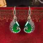 Exquisite Natural Retro Green Jade Peacock Silver Hook Dangle Earrings