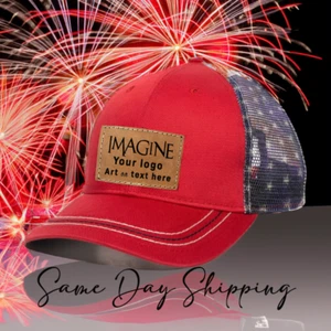 Red w Flag Mesh Cap - Features Your Art or Logo on Saddle Leather Patch - Picture 1 of 3
