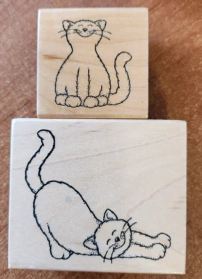 Lote de 2 estampillas de goma de DARCIE'S GATITO SONRIENTE GATO SENTADO/ESTIRAMIENTO Foto 1 de 2