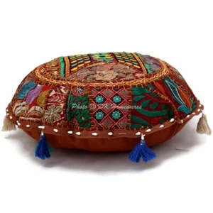 18 in Patchwork Floor Cushion Round Brown Vintage Floor Pillow Cushion Cover - Picture 1 of 7