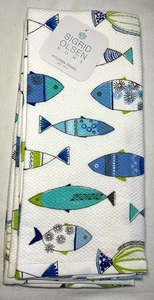 SIGRID OLSEN ASCIUGAMANI CUCINA CASA (2) BIANCO BLU CONCHIGLIE 100% COTONE NUOVI CON ETICHETTE - Foto 1 di 2