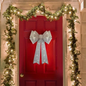 Giant Light Up Door Bow With 25 Warm White LED Light Christmas Decor - Silver - Picture 1 of 2