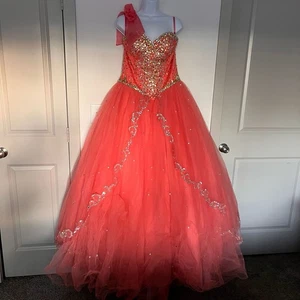 Mori Lee korallefarbenes Ballkleid Kleid Größe 14 Perlen Strass Quinceañera Abschlussball - Bild 1 von 8