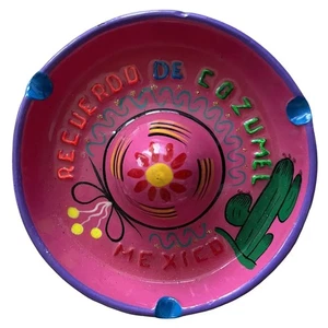 Mexican Folk Art Clay Sombrero Ashtray Recuerdo De Cozumel Hand Painted Pink 4” - Picture 1 of 5