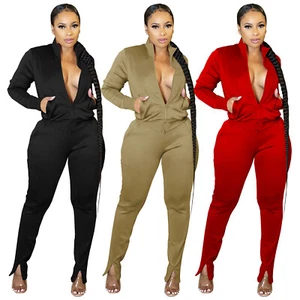 New Women Fashion Long Sleeves Zipper Patchwork Solid Casual Jumpsuit 2pcs - Picture 1 of 15