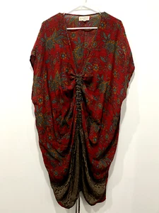 Kantha Bae Dress Free Size Red Blue Boho Ruched Tie Front Dress Cover Up Dress - Picture 1 of 7