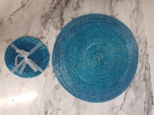 Blue Beaded 1 Large 24.5cmm 2 Small 100cm Table Coaster Set - Picture 1 of 1