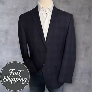 CALVIN KLEIN Mens Blazer Sport Coat Two Button Jacket 42R Navy Plaid WOOL Suits - Picture 1 of 12