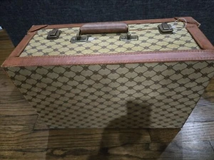 Antique Suitcase Wood Canvas With Leather Trim - Picture 1 of 9