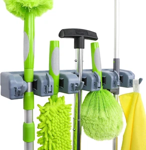 Wall Mount Broom & Mop Holder, Heavy Duty Tool Organizer w/ Hooks, Gray - Picture 1 of 6