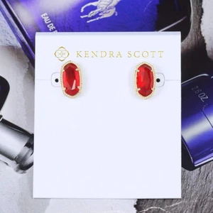 Clearance!! New Kendra Scott Ellie Cherry Red Stud Earrings Gold Plated - Picture 1 of 4