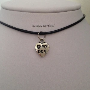 Genuine Leather Loveheart Love My Dog Pendant Black Leather Choker Necklace  - Bild 1 von 2