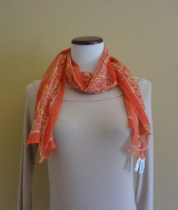 VTG Nordstrom Orange Silk Geometric Print Semi-sheer Oblong Scarf Made in Italy - Picture 1 of 7