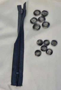 Vintage gray/blue zipper with 12 matching buttons - Picture 1 of 4