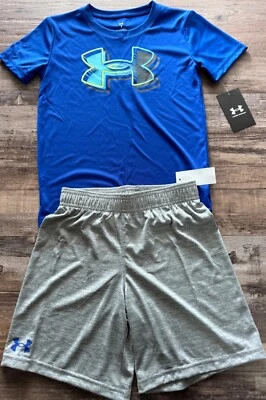 NWT Under Armour Little Boys 7 Royal Blue/Gray/Yellow BIG LOGO Shorts Set - Image 1 of 3