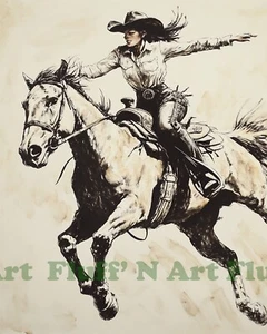 Barrel Racers Skizze Zeichnung Western AI Digitalbild 8x10 Museumspapier T10 - Bild 1 von 5