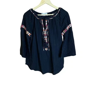 Wild Majesty Black Embroidered Boho Hippie Tassel Neck Tunic Top Size L - Picture 1 of 9