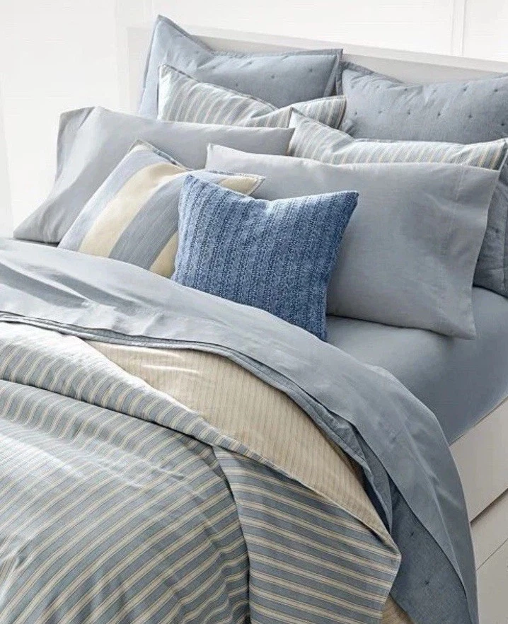 Ralph Lauren Home Graydon Blue Bold Stripe King Duvet Cotton Linen Blend - Image 1 of 4