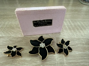 Vintage French Earrings Brooch Rhinestone Suede Clip on 1950s Black And Gold - Picture 1 of 7