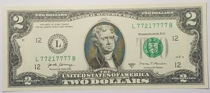 2017 A $2 GEM UNC note with very fancy 6 of a kind serial# L77217777B - Picture 1 of 2