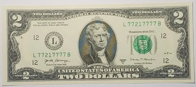 2017 A $2 GEM UNC note with very fancy 6 of a kind serial# L77217777B - Image 1 of 2