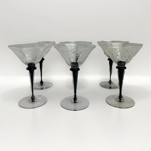 6 Morgantown Athena Carlton-Etched Ebony-Cased Stem Martini/Champagne Glasses - Picture 1 of 9