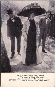 Vintage 1908 MERRY WIDOW HAT Comic Postcard Woman in Huge Hat / Street Scene - Picture 1 of 2