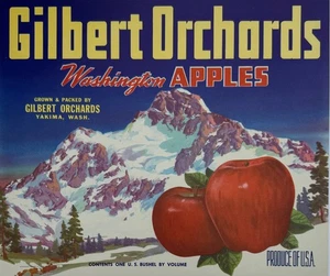 Gilbert Orchards Washington Apples Vintage Crate Label Yakima WA Snowy Mountain - Picture 1 of 3