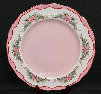 New 222 Fifth Pinkmas Dinner Plate Pink, Red Ribbon, Christmas Holly 10 Avail.