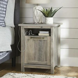 Farmhouse Nightstand USB Modern Table Accent End Rustic Gray Bedroom Living Room - Picture 1 of 5