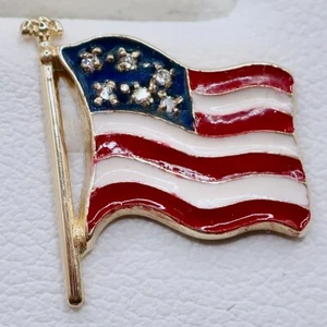 Vintage 10K Yellow Gold Enamel w 6 Diamonds Flag Tie Tack Lapel Pin 1.27 Grams - Picture 1 of 7