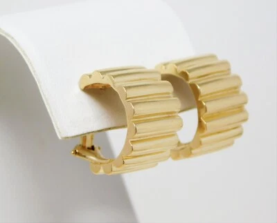 14 kt Gold Pair of Ribbed Grooved Drop Half Hoop Omega Back Earrings B4487 - Image 1 of 4