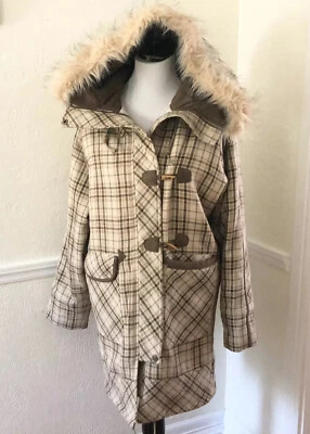 BCBGirls BCBG Women’s Brown Plaid Lined Hooded Jacket Size Medium M Wool Zip - Image 1 of 4