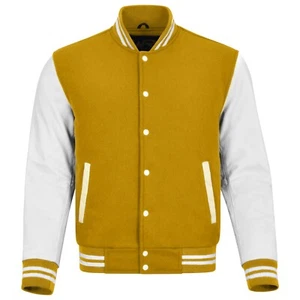 Varsity Jacket Letterman Yellow Wool Genuine White Leather Sleeves XS - 4XL - Picture 1 of 8