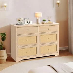 32" Modern Rattan Dressers & Chests of Drawers 6 Drawer Closet Dresser Natural - Picture 1 of 7