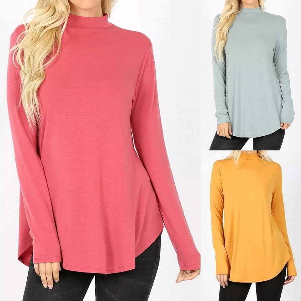 1X 2X 3X Women's Mock Neck Turtleneck Long Sleeve Top Rayon Loose Tunic T Shirt - Image 1 of 1