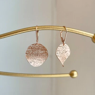 14KT Rose Gold Concave Weave Cobweb Disc Lever Back Dangle Drop Earrings Foto 1 de 4