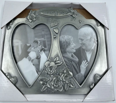 Nuevo Marco de Fotos de Peltre Independiente "Entonces y Ahora" Corazones y Diseño Floral Foto 1 de 3