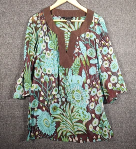 ETCETERA Shirt Womens 10 Tunic Green Brown 100% Silk Sheer Loose Easy Fit - Picture 1 of 8