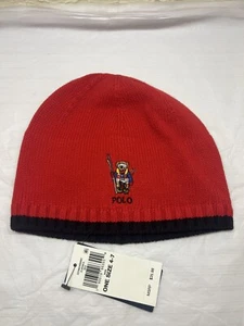 Polo Ralph Lauren Beanie Kids 4-7 Red Polo Ski Bear Logo Snow Cotton NWT - Picture 1 of 4
